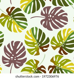 Vector - colored monstera leaves seamless pattern, floral abstract art.