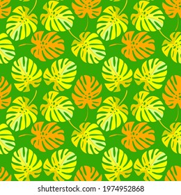 Vector - colored monstera leaves seamless pattern, floral abstract art.