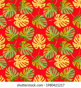 Vector - colored monstera leaves seamless pattern, floral abstract art.