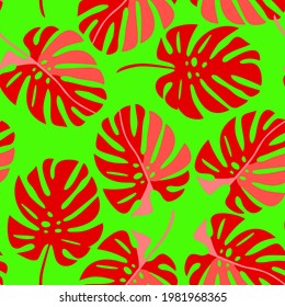 Vector - colored monstera leaves seamless pattern, floral abstract art.