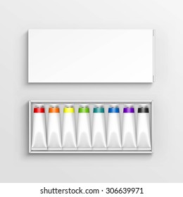 Vector Colored Multicolored Tubes of Paint in White Packaging Box Isolated on Background