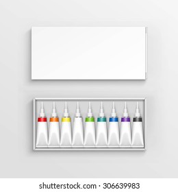 Vector Colored Multicolored Tubes of Paint in White Packaging Box Isolated on Background