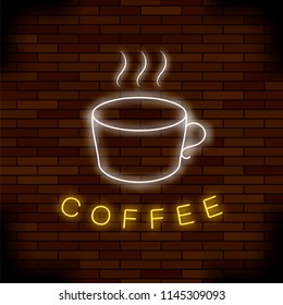 Vector Colored Neon Coffee Cup on Red Brick Background. Night City Banner