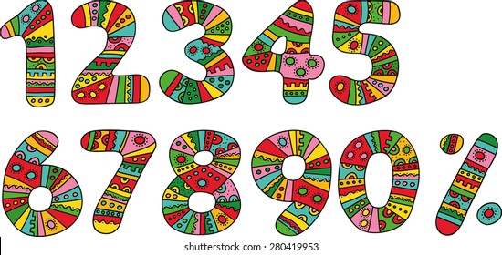 Vector colored numbers with intricate patterns on white. Hand drawn signs with feather on isolation background. 