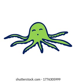 Vector colored octopus llustration on white background. Doodle sketch cartoon underwater worlds isolated object for panorama, print, shirt, kid, baby, swimming pool, game, app and stickers.