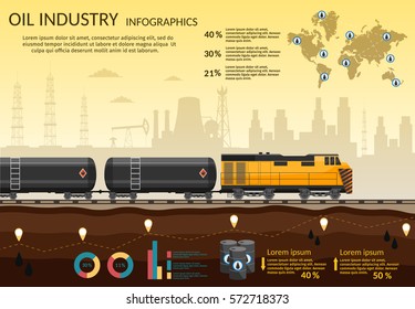Vector colored Oil rig industry of processing petrol and transportation infographics set production elements.