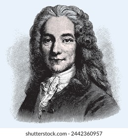 vector colored old engraving of famous French writer, philosopher, satirist, and historian Voltaire, engraving is from Meyers Lexicon published 1914 - Leipzig, Deutschland