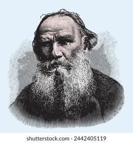 vector colored old engraving of famous Russian writer Lev Nikolayevich Tolstoy, engraving is from Meyers Lexicon published 1914 - Leipzig, Deutschland