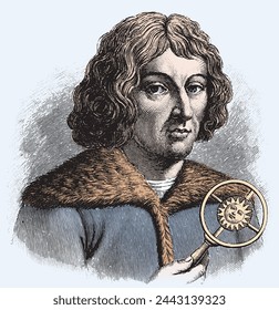 vector colored old engraving of Nicolaus Copernicus, engraving is from 19th century