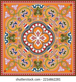 Vector Colored Orange Square Byzantine Ornament. Tiles Of Ancient Greece And The Eastern Roman Empire. Decoration Of The Russian Orthodox Church.
