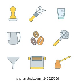 vector colored outline coffee barista equipment icons set tools espresso tamper, coffee wrench, measuring glass, pitcher, coffee beans, filter holder, funnel, knockbox, turk coffee pot 