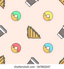 vector colored outline coffee paper cup donut sandwich seamless pattern on brown beige background
