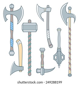 vector colored outline cold steel arms medieval weapons set with ax axe hammer mace halberd battle poleax 