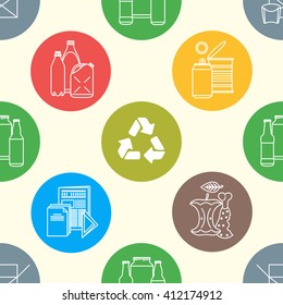 vector colored outline design waste colored paper plastic battery metal glass organic paper hazardous round icons decoration seamless pattern light background
