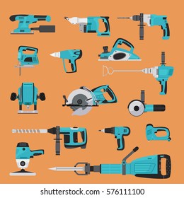 Vector colored and outline flat icons electric tools for construction and building. Drill, mechanical screwdriver, grinder, planer, jackhammer, polishing machine, jig, 
wall chasers, electric router.