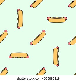 vector colored outline hot dog grilled sausage sliced bun mustard seamless pattern on light green background 