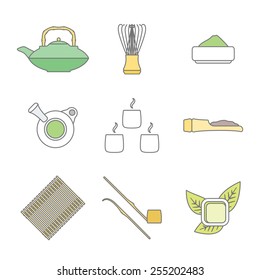 vector colored outline japan tea ceremony equipment icons collection tools set white background 