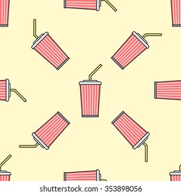 vector colored outline red cola soda sparkling sugar water takeaway cup straw seamless pattern on light yellow background 