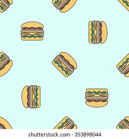 vector colored outline royal double hamburger cheese tomato lettuce seamless pattern on light blue background 