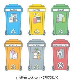 vector colored outline separated recycle waste bins icons labels signs white background
