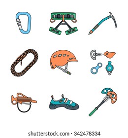 vector colored outline various climbing gear carabiner harness helmet rope shoes belay cam bolt hanger hold descender pulley ice axe icons set white background
