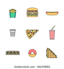 Vector Colored Outline Various Fast Food French Fries Hamburger Cheeseburger Hot Dog Coffee Cup Pizza Cola Soda Club Sandwich Baguette Donut Icons Set White Background
