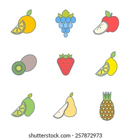 vector colored outline various fruits icons set 