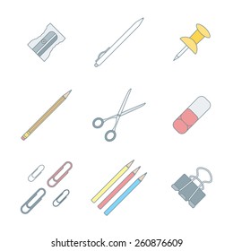 vector colored outline various stationery icons set white background