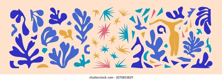 Vector colored paper cutouts isolated. A set of abstract plants and different shapes inspired by Matisse. Female figure, stars, algae scraps of cut paper.