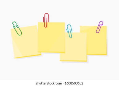 Vector of a colored paperclips with blank yellow notepaper on white background 