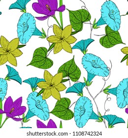 Vector colored pattern with blue bindweed and yellow and violet crocus on white background. Vintage flowers.