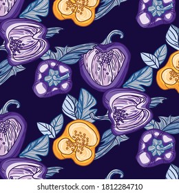 Vector colored pattern with fruits and leaves of bell pepper