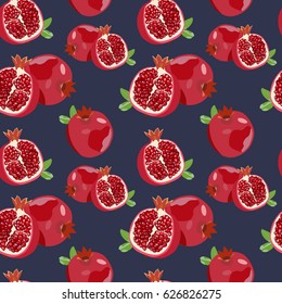 Vector colored pattern with a juicy pomegranate on a dark blue background. For design and decoration of fabric, home textile, wallpaper, covers and illustrations.