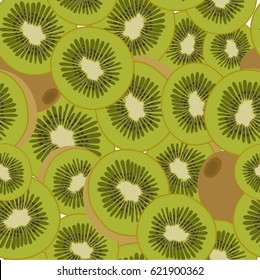 Vector colored pattern of sliced kiwi fruit. Tropical fruits. Ideal for wallpapers, packaging of plant products, backgrounds, decor, fabrics.