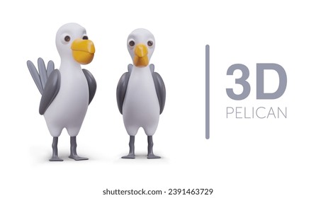 Vector colored pelican, front and side view. Shiny 3D toy. Sea, oceanic bird with large beak. Illustration for children website, application. Seabird set