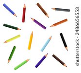 Vector colored pencil set. School supplies vector. Flat vector isolated on white background. Scattered colored pencils Learning and education concept.