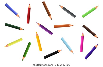 Vector colored pencil set. School supplies vector. Flat vector isolated on white background. Scattered colored pencils Learning and education concept.