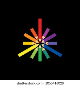 vector of colored pencils represents color wheel. showing a clockwise. insert head layout, different length,
long for primary colors, medium for secondary colors, short for tertiary color. isolated on