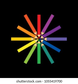vector of colored pencils represents color wheel, equal length in circle shape, insert head layout, isolated on black background.