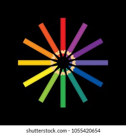 vector of colored pencils represents color wheel, equal length in circle shape, isolated on black background. trim head layout.