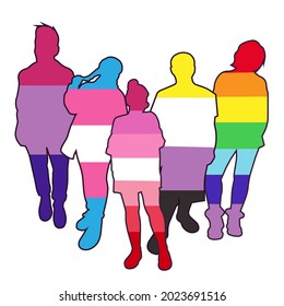 Vector colored people as representatives of LGBT community on white isolated background, isolated silhouettes of men and women for prints, stickers, icons for social media, apps, websites.