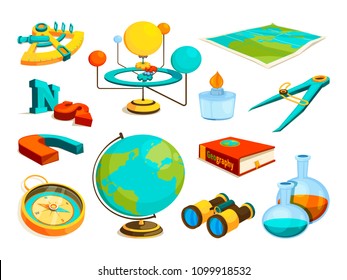 Vector colored pictures of science and geography symbols. Chemistry and research, astronomy and physics, compass and magnet illustration