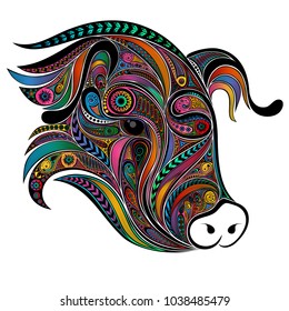 Vector colored pig of various patterns. Symbol of the New Year 2019
