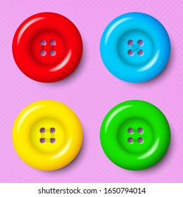 Vector colored plastic buttons isolated on pink background set. Realistic vector illustration.
