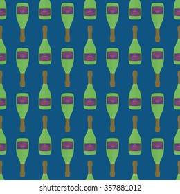 vector colored pop art style neon green champagne bottle seamless pattern on dark blue background
