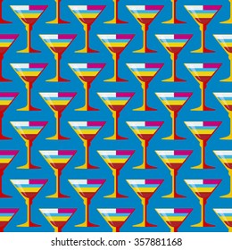 vector colored pop art style striped yellow red cyan cocktail glass seamless pattern on blue background