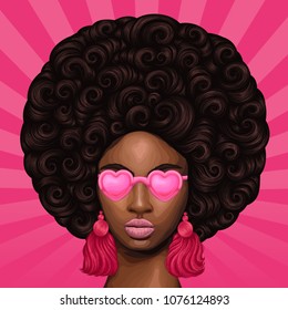   Vector colored portrait of a African girl with magnificent curly afro hairstyle in retro style. Close-up face fashion model in pink heart shaped glasses with earrings tassels. Pop Art sun rays back