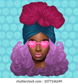 Vector colored portrait of a African girl with colorful dyed wavy hair of a purple hue. Fashion model in pink heart shaped glasses with draped headscarf on the head. Turquoise background with circles