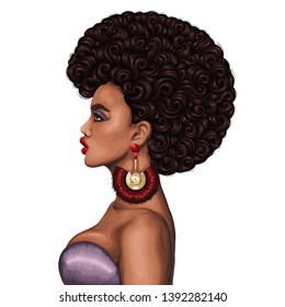 Vector colored portrait of a African girl with magnificent curly afro hairstyle in retro style. Fashion model in profile with gold earrings with red tassels. Isolated on white background