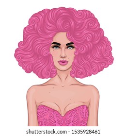 Vector colored portrait young girl with magnificent lush curly hairstyle. Pink wavy hair. Attractive sexy fashionable model with bare shoulders in a bra. Color Fashion illustration Design card t-shirt